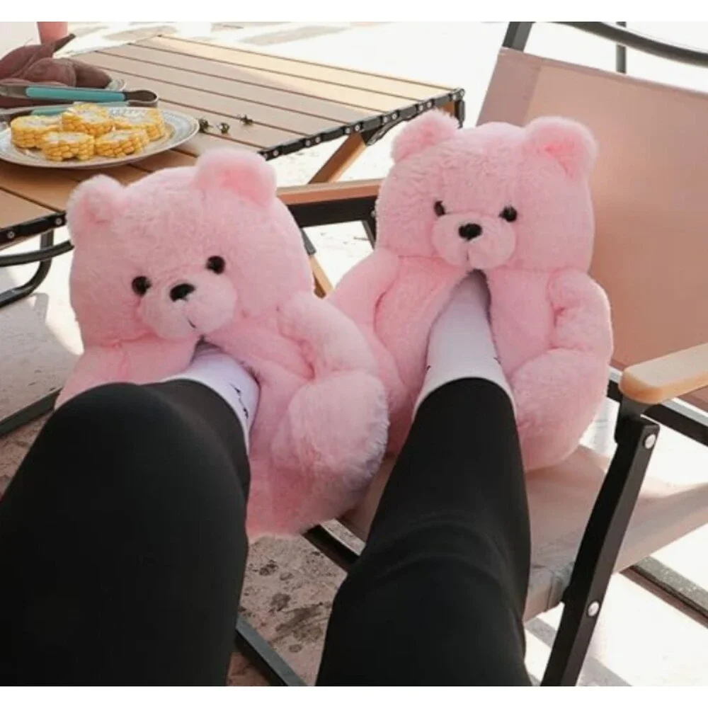 Teddy Bear Plush Bear Slippers Fuzzy Soft Anti-Slip Kids S 7.5